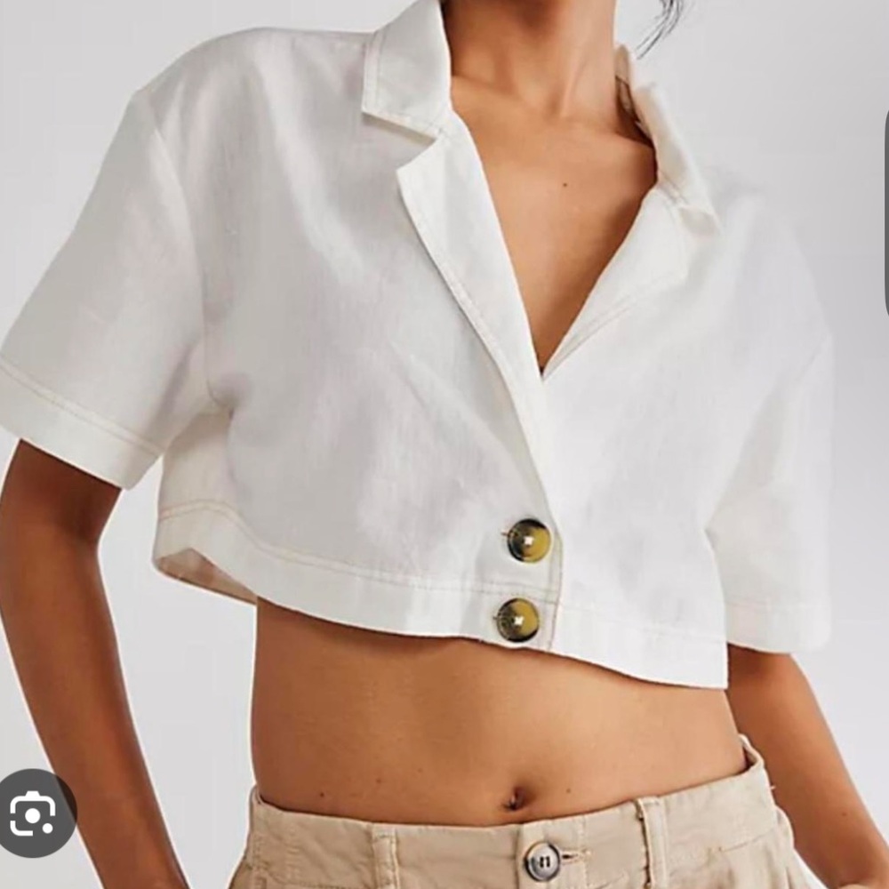 Free People Cropped Short Sleeve Button Front Top - White